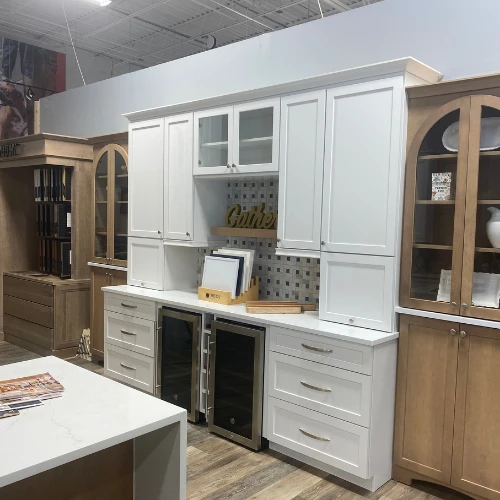 white kitchen cabinets and counter display